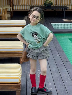 Children's Western Style suit Girl's Green Cartoon T-Shirt Dress Set Children's Korean-style Round Neck Short-sleeved Two-piece Set