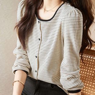 Contrast Color Striped Knitted Elastic Women's T-shirt 2022 Autumn New Casual Simple All-match Base T-shirt