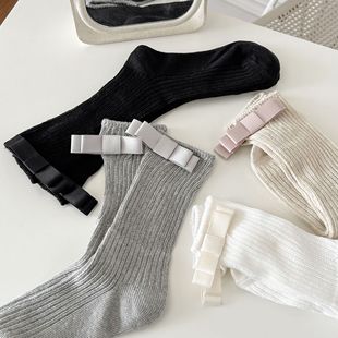Ins Ballet Style One-word Bow Knitted Mid-tube Socks Simple Vertical Stripe Stacking Socks Jk Japanese Grey Socks