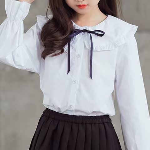 New Korean style long-sleeved white shirt for girls, with lace Peter Pan collar, trendy base layer top.