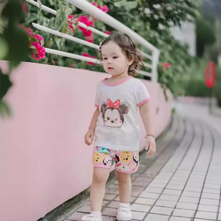 Children's Breathing Cotton Short-sleeved Cotton Home suit Cute Cartoon Summer Short-sleeved Shorts 2-piece Set Kindergarten