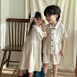 Children's summer suit boys' linen short sleeve 2024 New Baby summer clothes girls' dress brothers and sisters