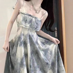 Vintage Ink Painting Chest Wrap Sling dress Women's 2025 Summer Tea Break One-character Collar High Waist Elegant Sweet Long Dress