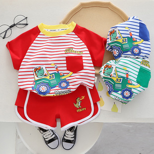 Cross-border children's clothing children's summer clothing new Korean striped forklift short-sleeved children's suit for children