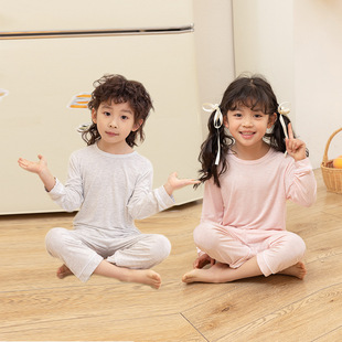 Children's Autumn Clothes Long Trousers suit Boys' Thermal Underwear Backing Cotton Sweater Pajamas Girls' Solid Color Long Sleeve Home Clothes
