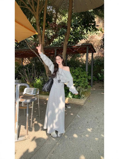 Casual suit Grey off-shoulder Long-sleeve Sweat Women's Clothing Spring High Waist Skirt A- line Skirt Lazy Two-piece Set