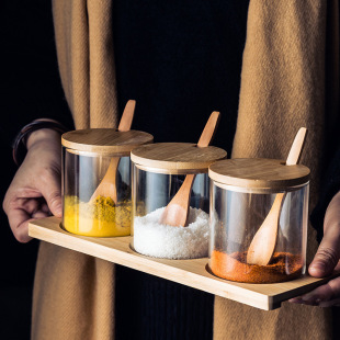 Household kitchen salt jar seasoning box transparent glass bamboo rack seasoning jar combination suit glass seasoning bottle