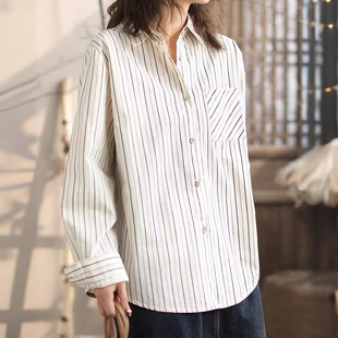 Spring New Vertical Striped Japanese Cotton Versatile Loose Small Square Collar Long-Sleeve Shirt for Women Wholesale