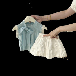 Girls' Summer suit 2025 New Style Children's Bow Knitted Vest Fashion All-match Flower Bun suit