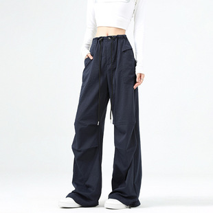 Black Wide-leg Cordwork Pants Women's Autumn New High Waist Drawstring All-match Slim-fit Straight Casual Sports Pants