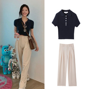 Zhao Lusi Star with Solid Color Short Slim polo Collar Top + High Waist Casual Pants Set for Women