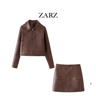 ZARZ homemade European and American style new women's fashion vintage lapel zipper leather coat vintage leather skirt