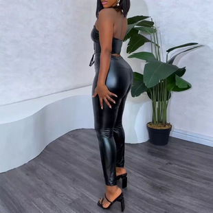 2024 Hot Style Independent Station Black Pu Sexy Strappy Tight Tube Top Suit High Waist Tight Skinny Pants