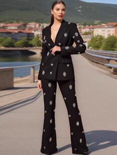 2025 European and American fashion new heavy industry beaded diamond suit jacket wide leg pants suit two