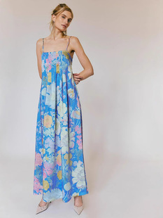 25 Summer New European and American Elegant Commuter Sling Printed dress High Waist Belt A- line Skirt Elegant Long Skirt