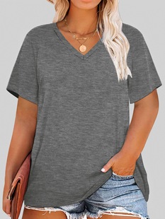 Cross-border Foreign Trade plus size Clothing European and American Casual V-neck Pullover Women's T-shirt Single Piece Stamping Plus Size Women's Clothing