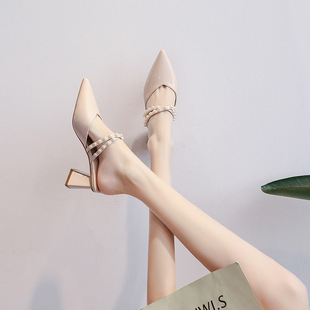 Baotou Half Slippers Outer Wear 2023 Summer New Fairy Style Skirt Mid-Thick Heel Pointed Sandals High Heels