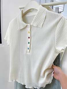 Women's Polo Collar Striped Shoulder Short-sleeved T-shirt Women's 2024 New Summer chubby girl Slim-fit Top