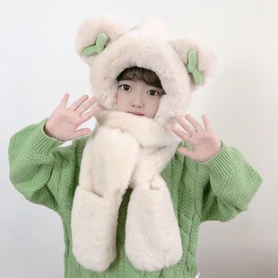 Baby's Hat Autumn and Winter Warm Plush Hat Boys and Girls Protective Mask Windshield Children's Scarf Gloves Integrated Hat