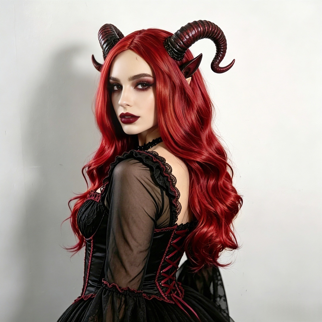 European and American Cross-Border Foreign Trade Wig for Women, Cosplay Succubus, Wine Red Long Curly Hair Wig, Party Festival Realistic Wig Set