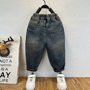 Boys' Casual Jeans Autumn 2024 New Children's Handsome Straight Autumn Small and Middle-aged Children's Simple Denim Long
