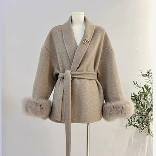 2025 New Fox Fur Double-sided Wool Coat Women's Short Coat Women's Elegant Bathrobe Double-sided Wool Coat