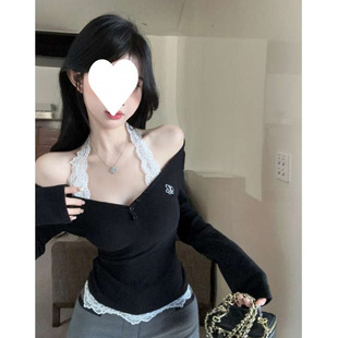French Style Elegant Chic 2025 Summer New Pure Desire Black Lace Hanging Neck Knitted Base Shirt Top for Women