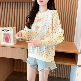 2024 Autumn and Winter New Floral Lace Bow Round Neck Sweatshirt Women's Korean-style Loose Casual Age-reducing Top