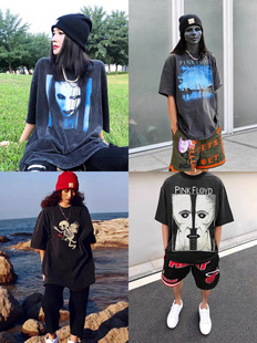Vtg Washed Retro Old Manson White Ghost Band Angel Vintage Loose Short-Sleeved T-Shirt Kanye Half-Sleeved Trendy