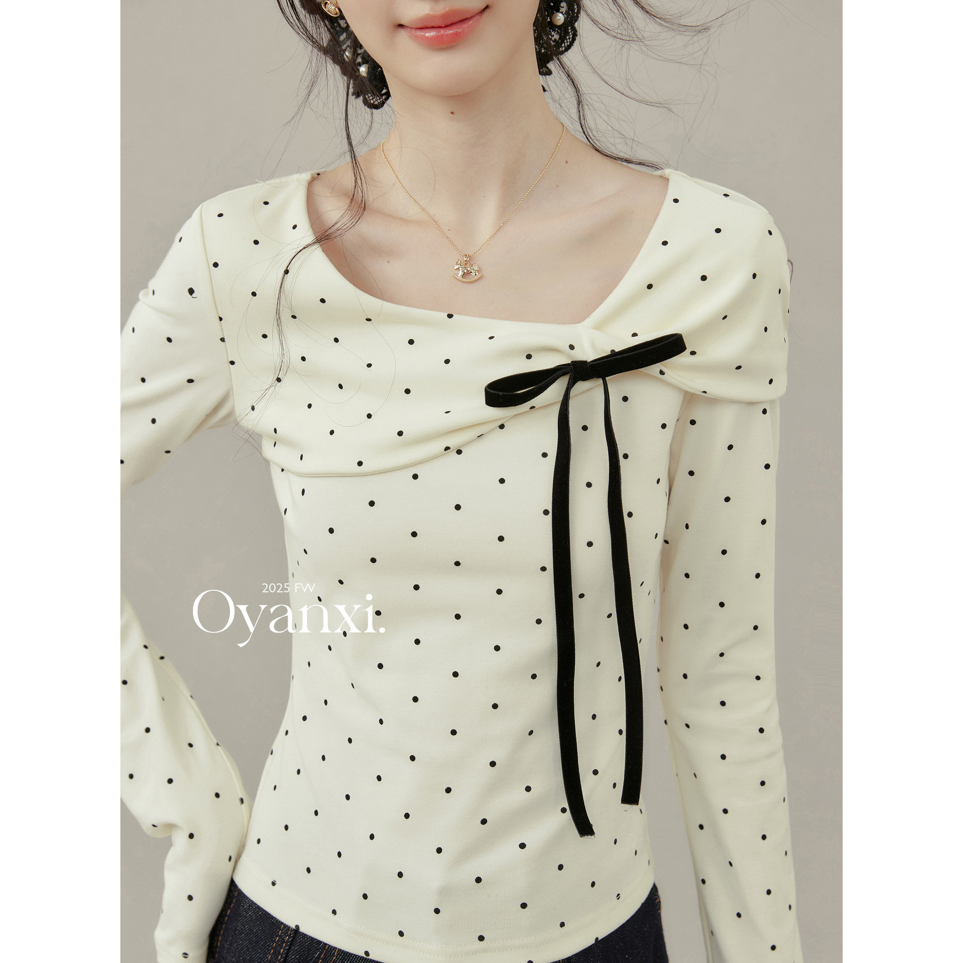Fashionable and Unique Irregular Collar Long-Sleeve Base Shirt, New Slim-Fit Polka Dot Top with Bow, Versatile for Spring and Autumn