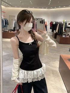 Wild Yuan Pure Desire Style Bow White Lace Hem Stitching Camisole Female Temperament Slim-fit Inner Top Summer