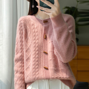100 Wool 2024 Autumn and Winter New Women's Crewneck Seven-stitch Thickened Crewneck Corner Buckle Knitted Cardigan Jacket