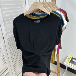 Small Flying Sleeve Round Neck T-Shirt Women's Slim-Fit Inner Slimming Western Style Chic Short Sleeve Solid Color Soft Top Summer New Style