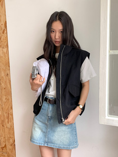 [Oufan] British style black frock stand collar zipper vest women's 2025 spring and summer loose stacked coat 2791