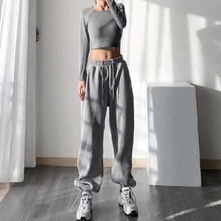 White Sports Pants Women's Autumn and Winter High Waist Fleece-Lined Drawstring Loose Leg Pants Instagram All-Match Casual Wide-Leg Pants Women's