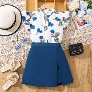 European and American Girls Children's Wear 2025 Independent Station Summer eBay New Temperament Printing Short Sleeve Shirt Fashion Skirt suit