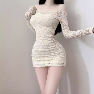 Hot Girl Tight Dress Women's European and American Sexy 2024 New Lace Long Sleeve One-word Collar Atmosphere Seaside dress