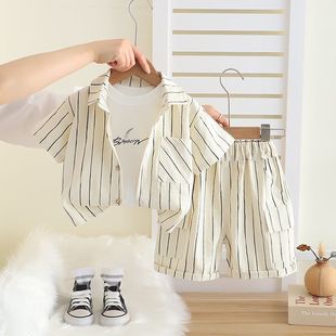 New Summer Korean Style Shirts, Fashionable Children's 2025 Summer Boys' Short-Sleeved Suits, Baby Three-Piece Suits in Stock