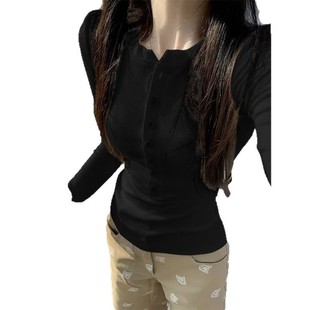 Buttons Shoulder White Base Shirt Women's Spring and Autumn New Inner Short Top Slim-fit Slimming All-match Small Shirt T-shirt