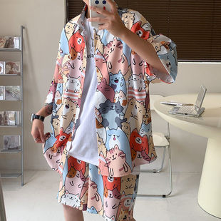 Casual beach suit men's summer thin loose handsome seaside clothes Hawaiian shorts floral shirt two-piece suit
