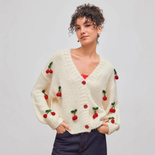 Autumn and Winter Sweet and Spicy V-neck Woolen All-match Cardigan Loose Trendy Cherry Decorative Single-breasted Woolen Top for Women