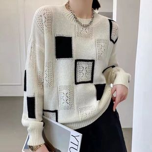 European Station color matching plaid sweater top women's spring and autumn thin 2023 new retro round neck mohair sweater