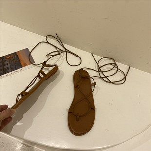 Fashion sandals women's shoes 2024 new summer flip-toe fairy style lace-up flat Roman shoes