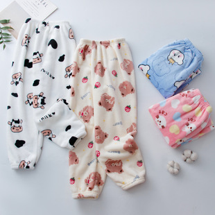 2024 Autumn and Winter Children's Flannel Home Clothes Pajama Pants Boys and Girls Cute Cartoon Warm Pants Large Children Warm Pants