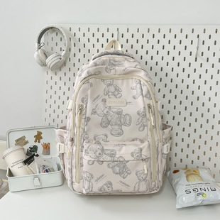Cute Bear Printed Backpack Large Capacity Casual Backpack Trendy Female College Student Couple Schoolbag Male