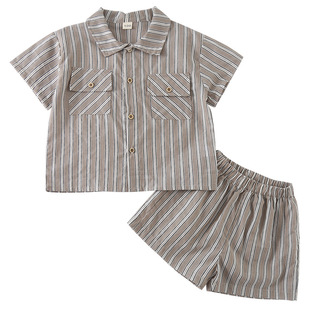 Children's Summer suit Boys' Shirt Striped 2025 New Baby Western Style Girls' Sling dress Brothers and Sisters