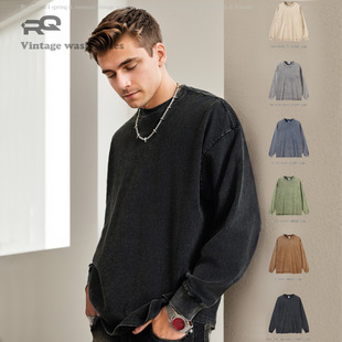 2025 Men's Heavy Washed Long-sleeved T-shirt American Style Retro Style Men's and Women's Fashion Brand Teenager Loose Pure Cotton