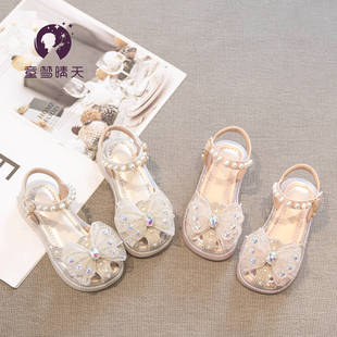 Girls' Sandals Summer 2024 New Children's Shoes Baotou Princess Sandals Soft Sole Summer Little Girl Crystal Shoes