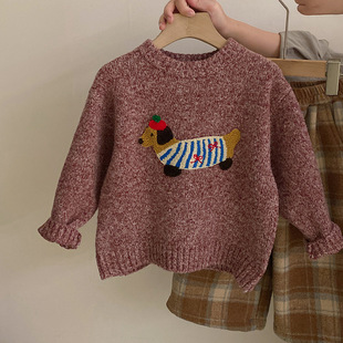 Korean version of children's fun cartoon puppy knitted sweater 2024 autumn and winter new girls fleece-lined plat pants fashion suit tide