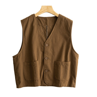 2025 Spring New Artistic Solid Color Simple V-Neck Double-Sided Nail Buckle Vest Large Pocket Vest Women's Fashionable Jacket